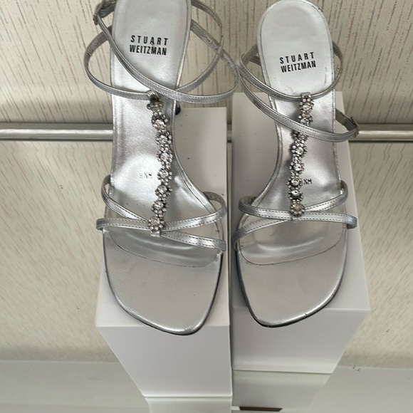 Stuart Weitzman Shoes - Stuart Weitzman Silver Heeled Sandals with Crystal Embellishments